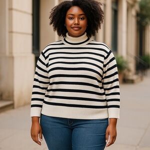 Dreamers Black and White Striped Cowl Turtleneck Sweater